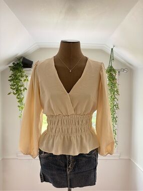BCBGeneration Cream Smocked Waist V-Neck Peplum Blouse